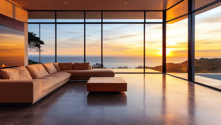 The image depicts a modern living room featuring panoramic ocean views at sunset and contemporary furniture.の素材