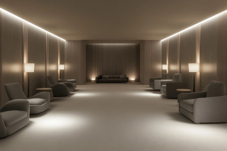 This is a luxurious waiting area with comfortable seating arrangements and recessed lighting.の素材