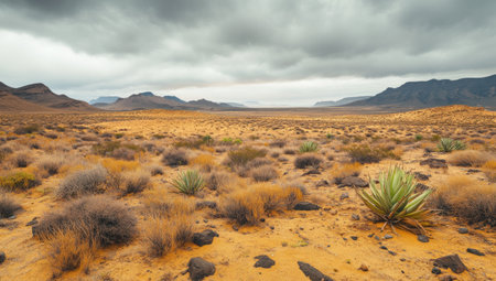 This image depicts a wide shot of an arid desert landscape with mountains in the background under a cloudy sky.の素材
