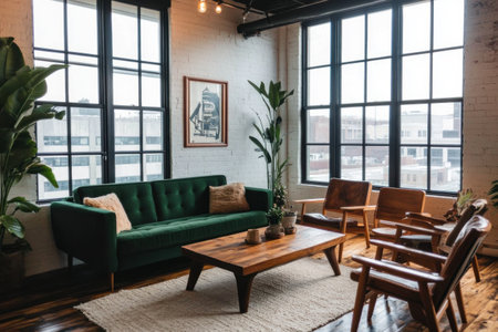 The image depicts a modern living space featuring a green sofa, wooden furniture, and decorative plants.の素材