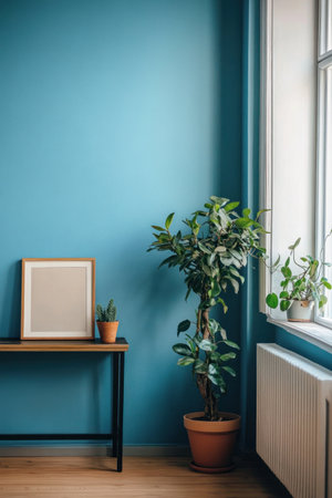 This image presents a stylish interior scene featuring a wooden table with plants and a framed artwork next to a window.の素材