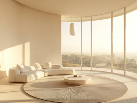 This image depicts a modern and minimalist interior with a sofa, coffee table, and expansive window. The view is scenic.の素材