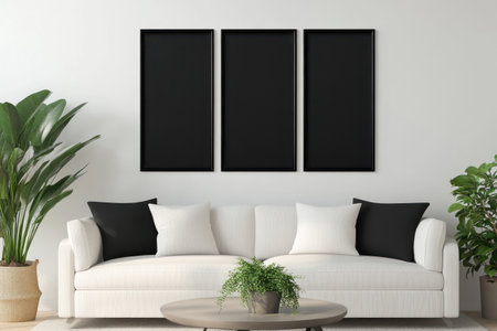A modern living room interior with three black frames above a white sofa with plants.の素材