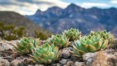 A collection of succulents thrive in a rocky landscape, with dramatic mountains visible in the distance.の素材