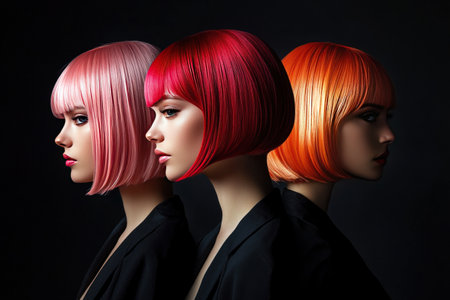 Three portraits of beautiful women with different hair colors: peach, pink, and coral red bob hairstyles, set against a dark background. Photorealistic photography, high resolution. --ar 3:2 --v 6.1 Job ID: 0a8a55c5-b8b4-4fe7-a737-22cd76a0cd2fの素材