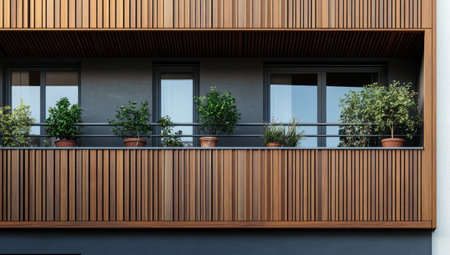 This image showcases a modern building&#39;s balcony featuring wooden paneling, potted plants, and windows.の素材