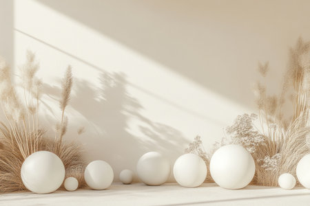 Wall of white balls, large spheres, and boho-style elements on the floor, beige background, ultra-realistic photography. --ar 3:2 --v 6.1 Job ID: 3a738498-fee5-447b-a8dc-4f17be106ab5の素材