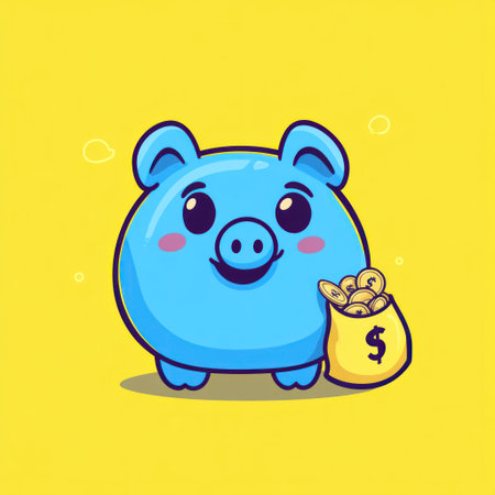 A cute blue piggy bank vector illustration with a simple design, holding coins and a money bag on a yellow background. Vector illustration, graphic t-shirt design style, vector art, flat color, no shadows, cute kawaii character design. --v 6.1 Job ID: 43ac86dd-fdff-47ea-aa9a-66a1643f1a52の素材