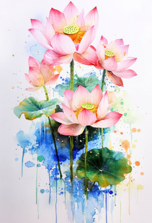 Watercolor lotus flower design for a tattoo, lotus flowers in water with leaves and stems at the bottom of the page, watercolor, soft colors, detailed, high resolution, pink, green, blue, gold, black, white, purple, watercolor splashes, large brush strokes, very elegant, paint dripping, in the style of Frank Frazetta. --ar 53:78 --v 6.1 Job ID: 187bb1be-813c-49db-856c-05633013c029の素材