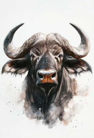 Watercolor painting of an African buffalo, in the style of clipart, white background, high detail, no text or images on the surface, no shadows, soft focus, neutral colors, watercolor, ink wash, white space around the animal and surrounding elements, simple, elegant, minimalist, watercolor, dark gray tones. --ar 53:78 --v 6.1 Job ID: 60756395-9631-451d-84f6-143d75f0230eの素材