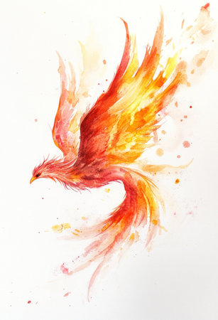 Watercolor phoenix, white background, in the style of Ross Tran and Krenz Cushart --ar 53:78 --v 6.1 Job ID: d418f230-b891-4458-b309-822eb4a97255の素材