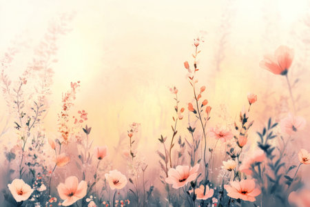 Watercolor wildflowers, pastel orange and pink colors with a soft yellow glow in the background, beautiful digital art illustration. --ar 3:2 --v 6.1 Job ID: 03156763-cec3-4ca2-ae63-a14479569942の素材