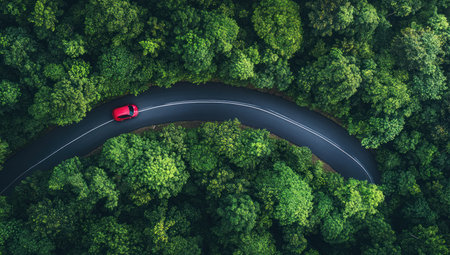 A red car driving on the winding road through dense green forests, aerial view. The road curves and winds between lush trees, creating an enchanting scene of nature's beauty. A bird's-eye shot captures the car as it gracefully navigates its way around various vegetation, showcasing the harmonious coexistence with natural landscapes. High resolution, high detail, sharp focus, professional photography. --ar 53:30 --v 6.1 Job ID: bafc24f2-6f68-4f3b-b1b4-a019e015684eの素材