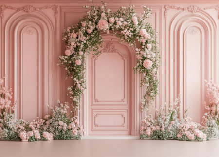 Pink wedding stage background, in the style of European style, pink wall panels decorated with flowers and green plants on both sides of the door frame, flower arch in front of the entrance, classical interior design, romantic atmosphere, detailed floral decoration, elegant pastel tones, symmetrical composition, soft lighting creating a mood. --ar 39:28 --v 6.1 Job ID: b6fb8e0f-4f10-46de-9512-d2071021b9fbの素材
