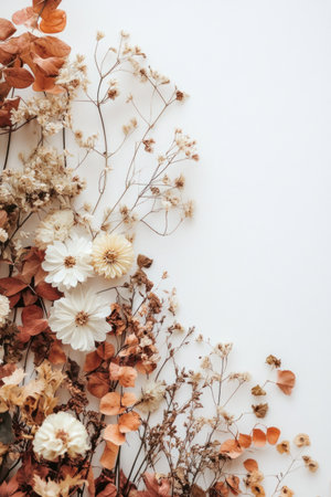 Photo of dried flowers and leaves arranged on the right side, creating an autumn-inspired floral border with neutral tones. White background. --ar 2:3 --v 6.1 Job ID: e5fe048d-8a74-4e4e-b3a2-f5849ae87e62の素材