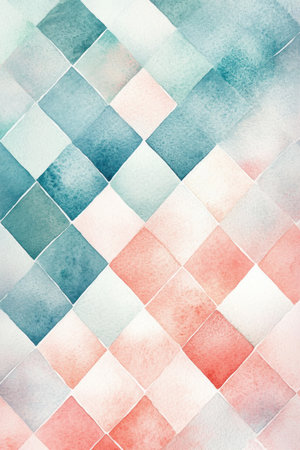 A soft pastel watercolor painting of an abstract geometric pattern with gentle gradients and delicate textures, creating a dreamy atmosphere for a phone wallpaper or background design. The color palette includes light pinks, blues, and greens, blending seamlessly into the white space between the diamonds. Soft shadows add depth to create a harmonious composition. --ar 2:3 --v 6.1 Job ID: 426f578e-e488-4048-aa67-11e62d4ba481の素材