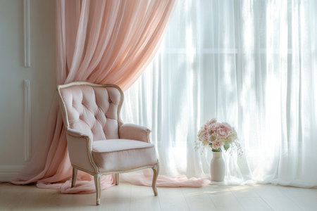 Soft, sheer pink curtains adorn an elegant room, their flowing drapes creating a luxurious and sophisticated atmosphere. The soft lighting and natural light lend a dreamy mood to the scene, accentuated by the pastel color palette. A pink armchair sits beneath a window with a white frame, and a floral vase rests on the minimalistic wooden floor. The overall effect is one of elegance and refinement. --ar 3:2 --v 6.1 Job ID: efd65109-a503-4846-adb8-80a0af6cb4e0の素材