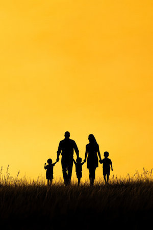 Silhouette of a family: a mother, father, and two children in the foreground on the right side, against a yellow sky background, with warm tones and a happy atmosphere. High resolution, high quality, high detail, hyper-realistic, photorealistic. --ar 2:3 --v 6.1 Job ID: 96ad30a7-2919-492a-a5dc-15477849ca98の素材