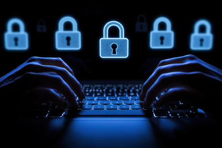 A business professional using advanced security technology to protect their digital documents and data, with an icon of multiple padlock symbols floating above the laptop screen, representing protection against cyber attacks. The background is dark blue, creating contrast between light gray hands typing on a computer keyboard. High-resolution photograph taken with a Sony Alpha A7 III camera and high-resolution lens. --ar 3:2 --v 6.1 Job ID: e4bee79c-f43e-4b2d-a1cd-3dc2c7c16405の素材