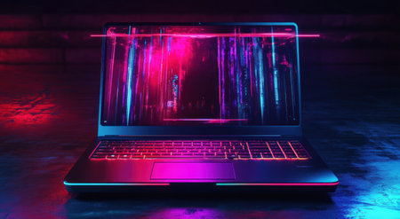 3D rendering of a futuristic laptop with a holographic display on the screen and neon light effects. The concept for a high-end gaming computer, creative design, innovative technology, or digital artwork. --ar 78:43 --v 6.1 Job ID: cbdc2ad0-a51c-414a-8a82-8653eb827045の素材