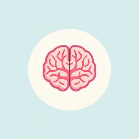 A circular logo design featuring an abstract representation of the brain with red veins and pink neural connections, set against a white background. The style is a flat vector illustration with minimalistic shapes and muted colors, suitable for digital or print media. It conveys the idea that it's about healthy living, focusing on mental health. There should be no text in this icon. No shadows, just flat color blocks. Clean lines, simple shapes. In a minimalist style. Vector graphics. Isolated on a pastel light blue background. --v 6.1 Job ID: f48c4a32-c4b1-4d9b-8846-8381babb5dd5の素材