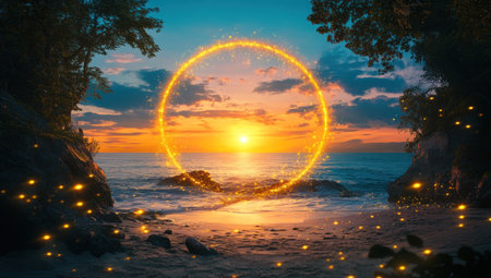 A circular beach sunset with an ocean view, surrounded by trees and sand on the shore. The sun is setting in front of them over water. A circle made from glowing fireflies appears at their feet. It's a beautiful scene with a vibrant sky, blue hues, and a colorful sunset. --ar 53:30 --v 6.1 Job ID: 06f8448c-b425-4298-b18b-c1fdeabb54baの素材