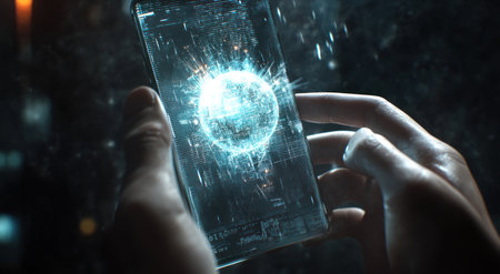 A futuristic smartphone displaying holographic AI elements, including a glowing digital sphere and data streams emanating from the screen, representing advanced technology for future smartphones. A hand is holding or interacting with it, symbolizing human interaction in the use of artificial intelligence on mobile devices. The background features dark tones to emphasize the focus on the dynamic imagery and colors. --ar 78:43 --v 6.1 Job ID: f0b10e9a-608b-4f08-a30a-be0c8d38d50aの素材