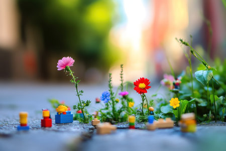 Miniature flowers in the style of LEGO, growing on the ground of an alley in Berlin with small wooden toys and children's play equipment scattered around. Colorful flowers in various vibrant hues, detailed and intricate, captured through macro photography with a shallow depth of field and focus, resulting in a blurred background. The image has a hyper-realistic, high-resolution quality. --ar 3:2 --v 6.1 Job ID: a41b1f6d-8035-48eb-9e77-803bec783186の素材