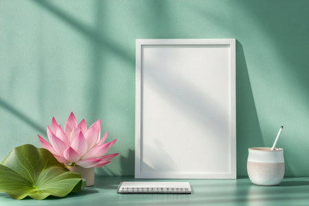 A photo frame mockup on the table, with a simple white wooden picture frame leaning against an empty wall in front of a green background. A pink lotus flower and some ceramic pots are beside it, and a small notebook is next to the picture frame. There is a clear view of water through the window behind the frame, and soft lighting casts gentle shadows on the frame's edges, creating a serene atmosphere. --ar 3:2 --v 6.1 Job ID: 1f9fa566-a2b3-41b5-a0e0-ad3b15140766の素材