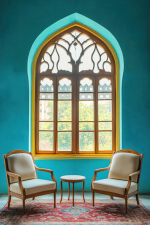 A beautiful Islamic window with an arched shape and a pastel blue wall, two chairs and one table in front of it, in the style of interior design. --ar 2:3 --v 6.1 Job ID: 85f555b6-eaba-4ca3-83b9-d1c101591219の素材