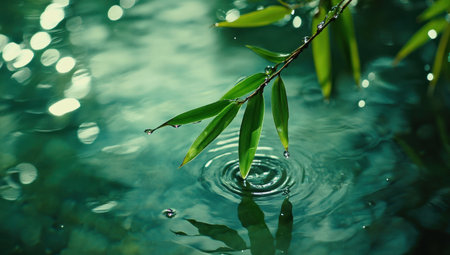 A bamboo leaf falling into the water, close-up of green leaves and shimmering ripples on sparkling clear water, beautiful nature background, fresh green color scheme, high-definition photography style, natural light, water droplets in mid-air, delicate texture, high resolution, high quality, high detail, professional photography, professional lighting, macro lens. --ar 53:30 --v 6.1 Job ID: 1b08a52f-c451-4fd5-87cc-a0ae1d51fc79の素材