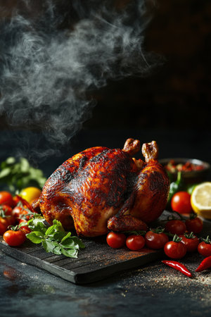 Commercial photography of a whole chicken, with a hot and spicy, fiery red theme, on a table with chili peppers and cherry tomatoes, with smoke around the top left corner, for food advertising, in ultra-high resolution, photorealistic, with dramatic lighting and professional color grading. --ar 2:3 --v 6.1 Job ID: 50127875-9129-42e0-9d90-a214b53b6d09の素材