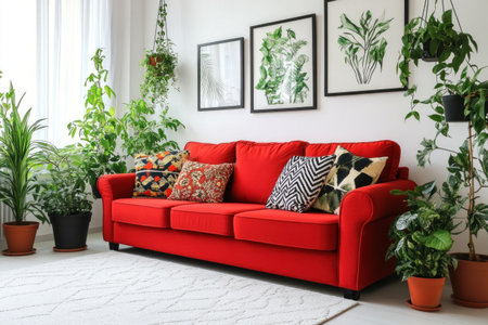 A photo of a red sofa in front of a white wall with plants and framed pictures, a bright living room interior design with potted houseplants and a large window, and decorative paintings on the walls, with white carpet flooring. --ar 3:2 --v 6.1 Job ID: 2a09d316-f2d3-4060-b39e-85b21e879279の素材