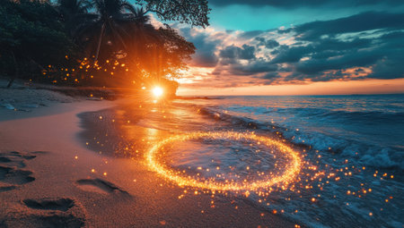 A tropical beach scene is illuminated by a radiant sunset with a mysterious golden circle.の素材