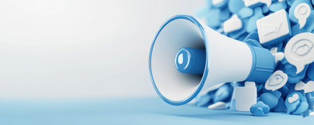 3D illustration of a megaphone and social media icons, in a white and blue color palette, a social network promotion banner design concept with copy space on the right side, a social attention advertising concept idea. --ar 5:2 --v 6.1 Job ID: 8d17b9d3-aed6-4b0e-b0cf-b8f33cf0cbbcの素材