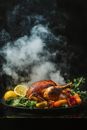 Roasted chicken on the table, with vegetables and lemon in the background, smoke coming from it. Food advertising photography, an ultra-realistic stock photo, against a dark black solid color backdrop. --ar 2:3 --v 6.1 Job ID: 60a5c3bd-bd67-4d9a-9fb2-066133a85344の素材