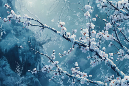 A close-up of plum blossoms blooming on branches covered in snow, with the background blurred and a cool color tone. The flowers bloom gracefully against the backdrop of ice-covered trees, creating an atmosphere full of vitality, in the style of the artist. --ar 3:2 --v 6.1 Job ID: 9ba32bf8-6844-4cd9-98d0-8ea9fdcb1311の素材