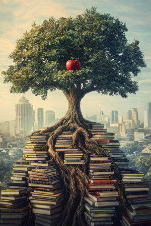 Illustration of an oak tree with its roots surrounded by stacks and piles of books, in the center is an apple on top of it, under which there's a city skyline in soft colors, white background, vector art, dreamy atmosphere, fantasy book cover style, symmetrical composition, fantasy world illustration, digital painting, high resolution, high detail, hyperrealistic --ar 2:3 --v 6.1 Job ID: 9924504d-1e5b-40df-85e0-d7a9ed6cfa01の素材