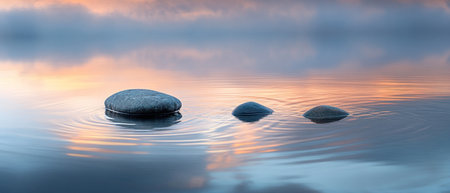 photograph of Zen stones in the water with ripples and a row leading to sunrise --ar 7:3 --v 6.1 Job ID: fe3a39ae-6023-45ee-9644-7210118ce2bdの素材