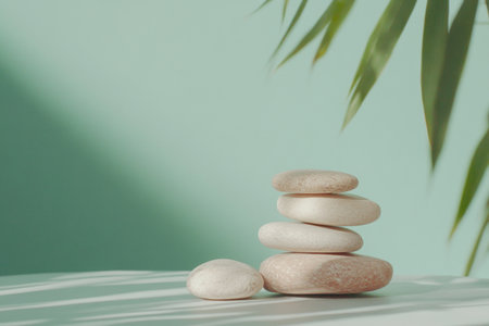 Photo of a stack of rocks and bamboo leaves on a table with a green background, for a spa, wellness, or massage concept. Web banner with copy space on the left side, in a light pastel color palette. --ar 3:2 --v 6.1 Job ID: 8cdfe6e9-4e0f-4091-b96b-6df0add6b9c4の素材