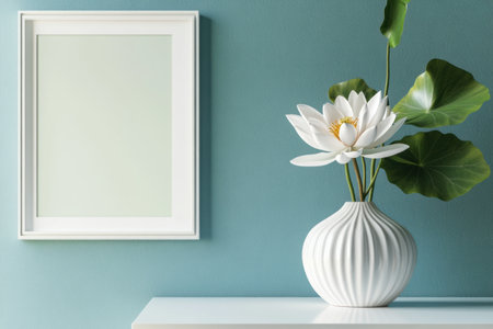 3D rendering of a vase with a lotus flower on a white table against a teal wall, with a mockup and frame hanging on the wall in a modern home interior design. Home office decor element concept. Copy space. High quality, super realistic, high resolution, high-detail stock photo. --ar 3:2 --v 6.1 Job ID: 826005a8-b7ab-4ddd-9112-c82558b4939bの素材