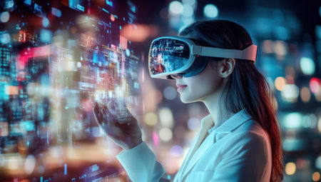 A young businesswoman wearing VR glasses is using a holographic interface in virtual reality technology for digital marketing and product design on a dark background. A woman in a white suit uses augmented reality glasses to work in a night office, with a futuristic cityscape in the blurry background. High-resolution photography, insanely detailed, with fine details, isolated on a plain background, a stock photo, with professional color grading and an award-winning composition, in the style of Sony Alpha III. --ar 53:30 --v 6.1 Job ID: 1836e066-e3d9-49e8-995a-2aa401f8378dの素材