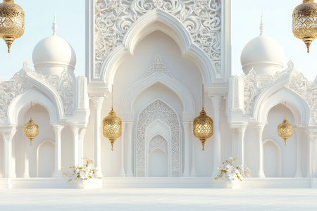 3D render of a white and golden Ramadan Islamic background with lanterns, arches, and decorative elements. --ar 3:2 --v 6.1 Job ID: 57aad3ba-d80a-4ae5-9a6b-9cc03f43c00cの素材
