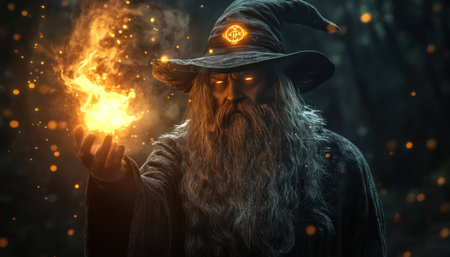 A wizard with long hair and a beard, wearing black robes, is casting a fireball spell in the dark forest. His hat has a glowing symbol on it, in the style of fantasy art, Dungeons & Dragons artwork, concept art. This high-resolution, highly detailed image features sharp focus, high contrast, and volumetric lighting, created using Octane Render for a cinematic effect. --ar 128:73 --v 6.1 Job ID: 416bf11f-8956-456c-b793-4f2623359111の素材