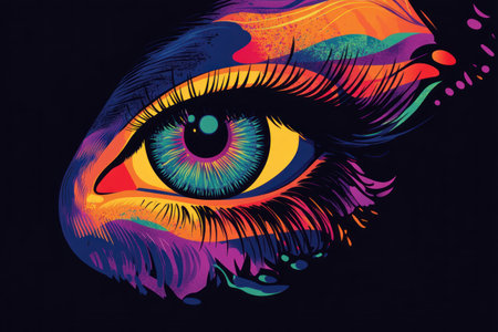 A vibrant and colorful illustration of an eye, with intricate patterns in the iris that resemble rainbows. The background is dark to highlight the rainbow colors of the eye. --ar 128:85 --v 6.1 Job ID: eec0188b-b5b7-416e-a04e-43a7d564fb68の素材
