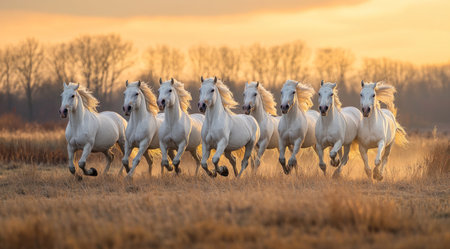 7 white horses running in the same direction, with a sunset background, professional photography. --ar 128:71 --v 6.1 Job ID: 451789a8-30ad-4d4f-9b38-1a59edcced30の素材
