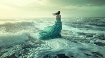 A woman in a long teal dress standing on the waves of the ocean, photorealistic, in the style of fantasy. --ar 78:43 --v 6.1 Job ID: 3a41e7b7-c014-4851-93fc-e5688a91eb2fの素材