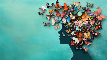 Craft an artistic composition featuring butterflies and flowers in various colors, arranged to form the silhouette of a woman's head on a teal background. This design symbolizes growth, transformation, freedom, happiness, beauty, and creativity, in the style of Forrest Gump. It could be used as a card for International Women's Day or Mother's Day, adding copy space. The image should convey springtime vibes. --ar 53:30 --v 6.1 Job ID: 6ab49dec-08d2-4745-9e8b-ce25673243ccの素材