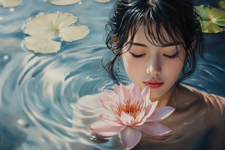 A pink lotus flower floats on the water, surrounded by green leaves and ripples in the clear blue waters. The reflection of light shines through from above to create soft shadows under the flowers. This scene creates an atmosphere full of tranquility and beauty. Oil painting, realistic, with a lot of details. --ar 3:2 --v 6.1 Job ID: 86b7944c-7126-4af0-aee0-dc850cebf2deの素材