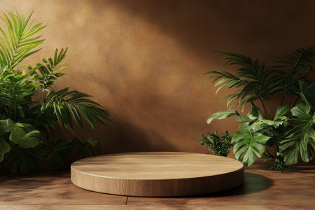 3D render of a podium background for product display and presentation. The stage mockup features a wood circle platform with green plants on a brown wall. --ar 3:2 --v 6.1 Job ID: 783326f5-e716-4b67-b039-405a26b46537の素材
